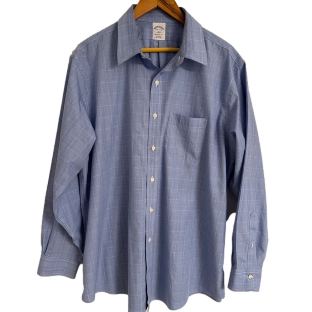 Brooks Brothers 1818 Shirt Mens 17.5 Blue Checked Regent Fit No-Iron Button Down